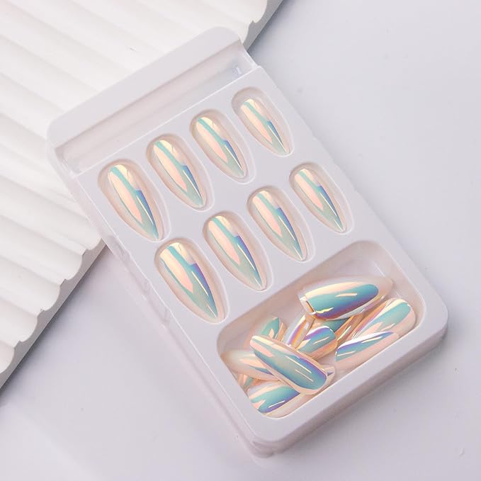 Almond Press on Nails White Chrome Fake Nails Glossy Pearl Powder Acrylic Nails Metal Mirror False Nails Press ons Medium Full Cover Holographic Glue on Nail for Women Girls Manicure 24Pcs