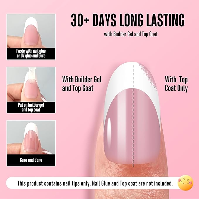 NOVO OVO White French Tip Oval Nail Tips Press on BERRY PINK, Extra Thick Medium Soft Gel Fake Nail Acrylic Extension, Need Builder Gel Top Coat, No Glue Included, for Salon DIY x 15 Sizes 240 pcs