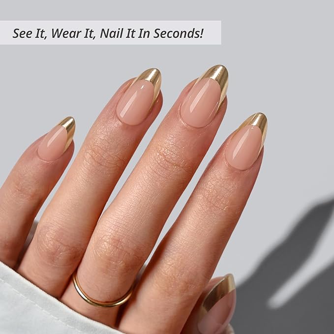 BTArtbox Press On Nails Short - Gilded Countdown, Lamp-Curable Gold French Tip Almond Press On Nails with Glue and Adhesive Tabs for Women in 16 Sizes - 32 Soft Gel Glue On Nails Kit