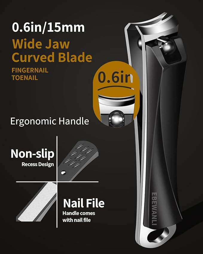 Large Nail Clippers, 15mm Ultra Wide Toenail Clippers, Stainless Steel Fingernail Clipper Built in Nail File, Curved Blade Toe Nail Cutter Trimmer for Men or Women