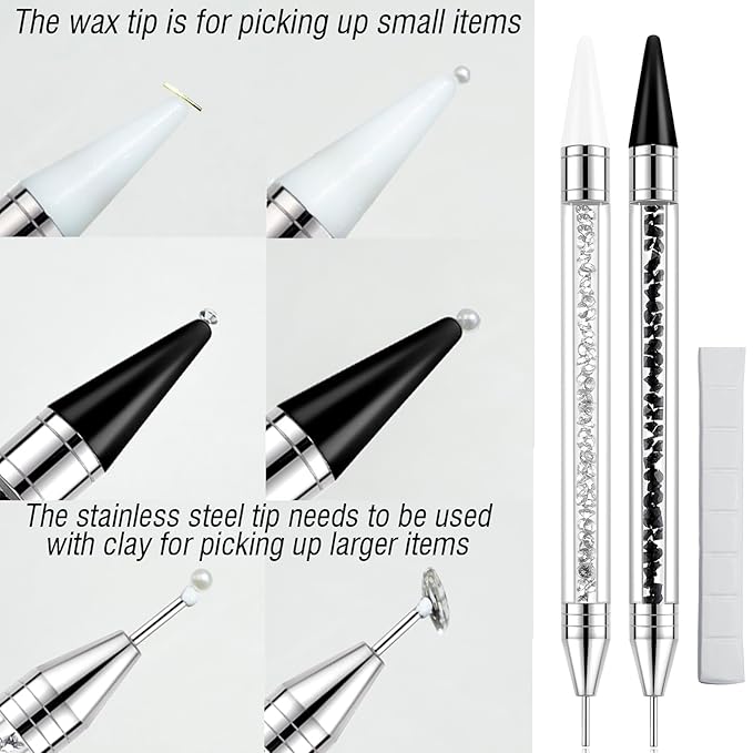 LIGHT RAIN Rhinestone Picker Tool - 2pcs Dual-head Bedazzling Pen with 4 Wax Tips, 8pcs Clay, Adjustable Precision Tweezers, 1400pcs Rhinestones and 2pcs Organizer Tray Kit for Nail Art