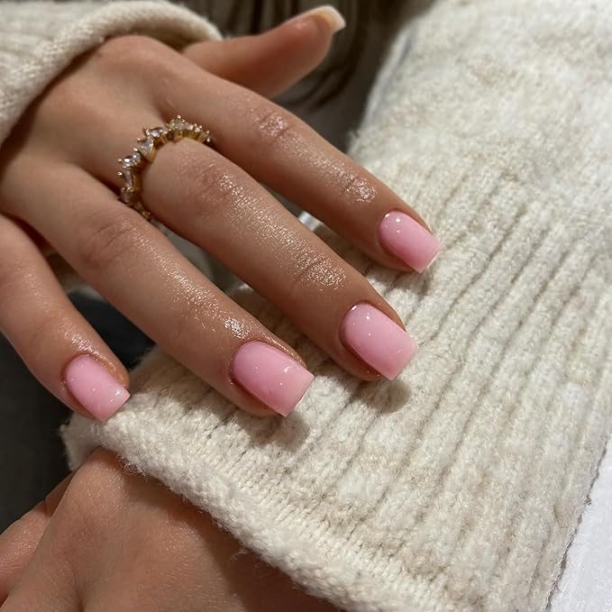 Baby Pink Press on Nails Short Square - Natural Gel Glue on Acrylic, 48Pcs Thick Reusable Fake for Women, Coffin Artificial New Solid Color
