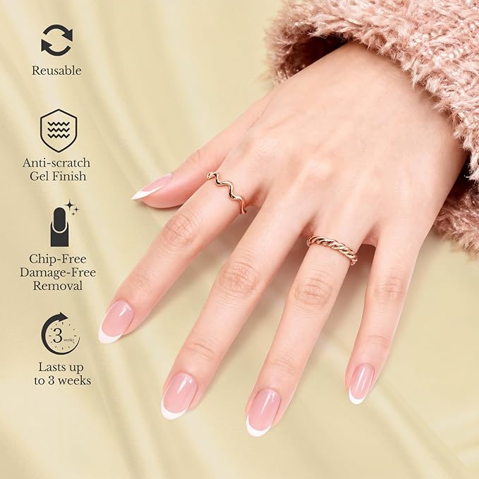 French Tip Press On Nails Acrylic - Short Almond Fake Nails Press ons, Reusable Glossy 30 Nail Kit with Glue, Adhesive Tabs, File, Manicure Stick, Prep Pad for Salon Quality or Fall Style