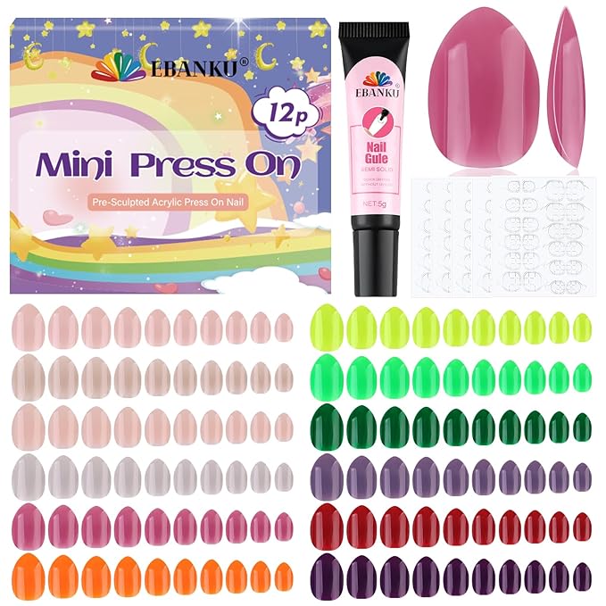 288 Pieces Kids Short Glossy Press on Nails, EBANKU Children False Nails 12 Colors Glossy Acrylic Nails Art Tip for Kids Short Full Cover Fake Nails for Women Girls
