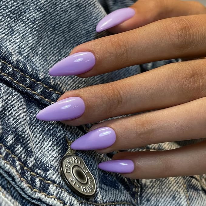 Light Purple Press on Nails Almond Shaped Medium Almond Nails Press on Neutral Acrylic Nails Reusable Fake Nails for Women Girls, Glue on Nails Medium Length Stiletto False Nails Gel Artificial Nails