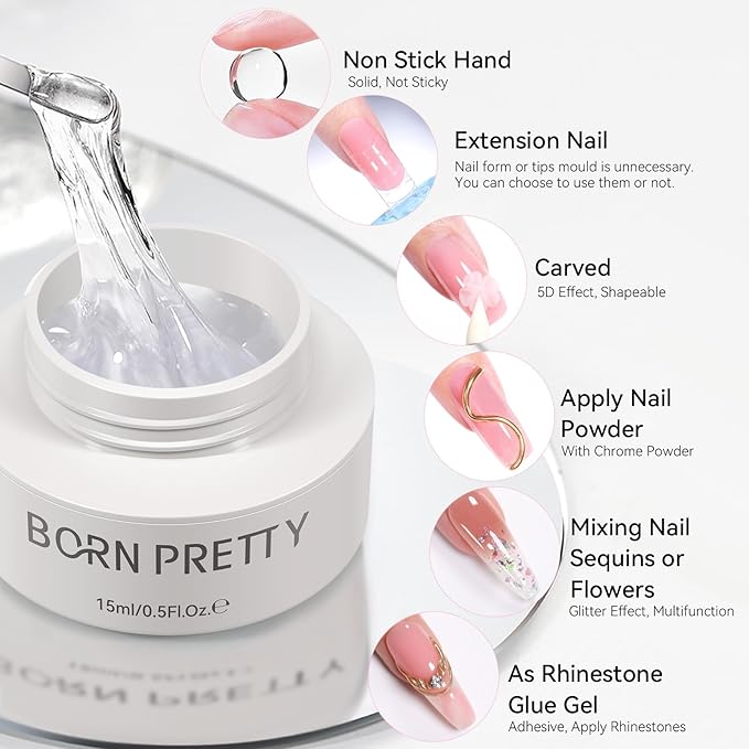 BORN PRETTY Builder Gel for Nails,2PCS Clear & White 3D Solid Hard Gel for Sculpting & Extension, Non-Stick U V Soak Off Gels for Carving Patterns,Salon & Home DIY Manicure