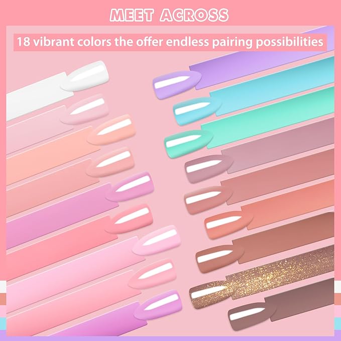 MEET ACROSS 18Pcs Rubber Gel Base Coat for Nails, Nude Brown Rubber Base Gel Polish Pink Violet Strengthener Gel for Thin Weak Nails 7ml