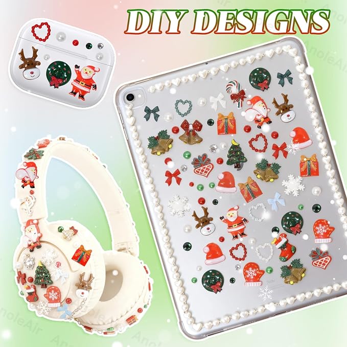 Christmas Junk Case Charms Kit, Christmas Snowman Tree Reindeer Bell Santa Big Charms for Phone Junk Cases, Red Green Pearls and Rhinestones Gems Bedazzling Kit for Crafts Nail DIY Accessories