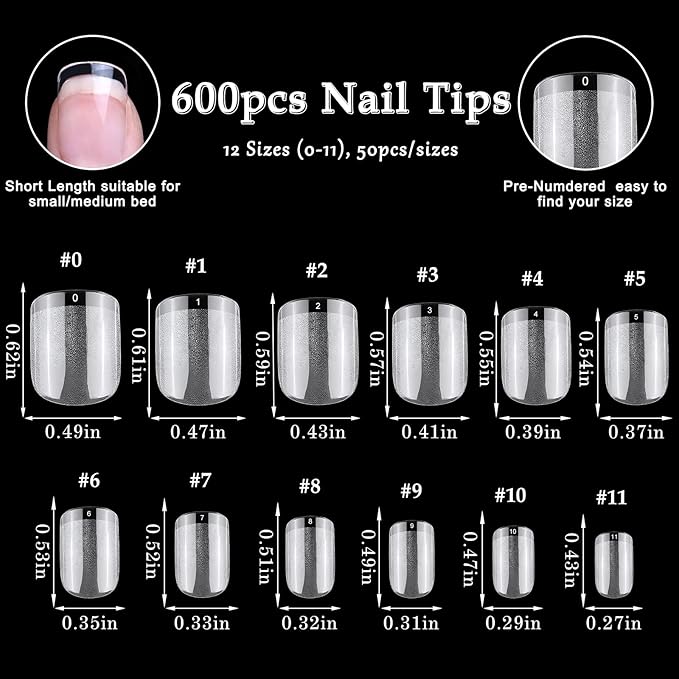 AddFavor 600pcs Short Square Nail Tips, Soft Gel Nail Tips x Clear Fake Nails Full Cover Acrylic Nails Tips for Extension Nail Manicure Salon Home DIY