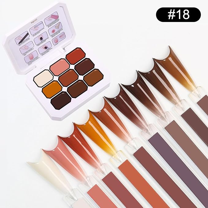 Gradient Ombre Nail Polish Kit, 9 Colors, 100 Sponges, French Manicure Tool Set with Stickers (Amber Latte Ombre Set #18)