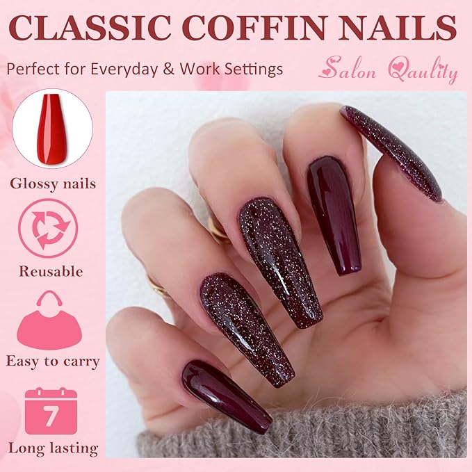 AddFavor Coffin Press on Nails Long, 576pcs Coffin Fake Nails Full Cover Long Glossy Ballerina Nails Press on Acrylic False Nail Tips 24 Colors for Women