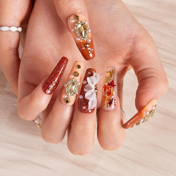 LOVFUL Press on Nails Golden Cascade | Handmade with Full Covered Crystals | Reusable Full Cover Nails | Coffin Classic Regular 1.3 in | H343-S