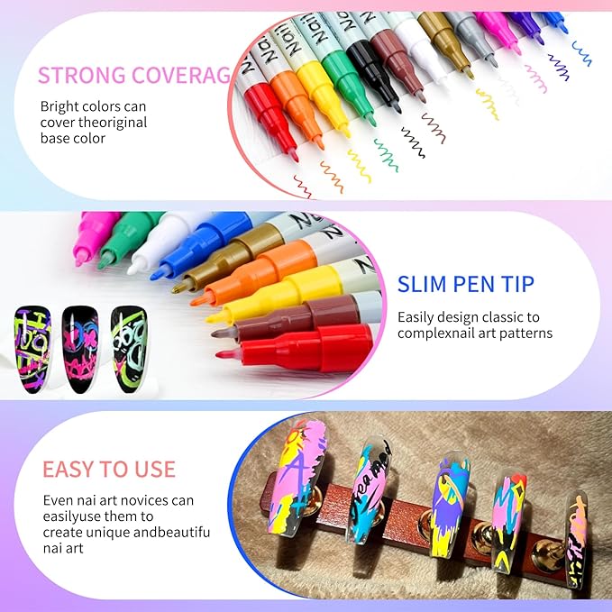 12 Colors Nail Art Pens Set, 2026 Newly Upgraded Nail Art Markers, 0.5MM Nail Polish Pens, Waterproof Quick-Drying Nail Art Marker Pens for Home & Salon Nail DIY Graffiti Dotting Drawing Painting