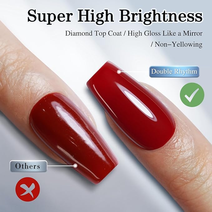 Double Rhythm 2 Pcs 15ML No Wipe Gel Top Coat and Base Coat Set Clear Glossy Gel Polish Kit Soak Off UV LED (Base and Top Coat)