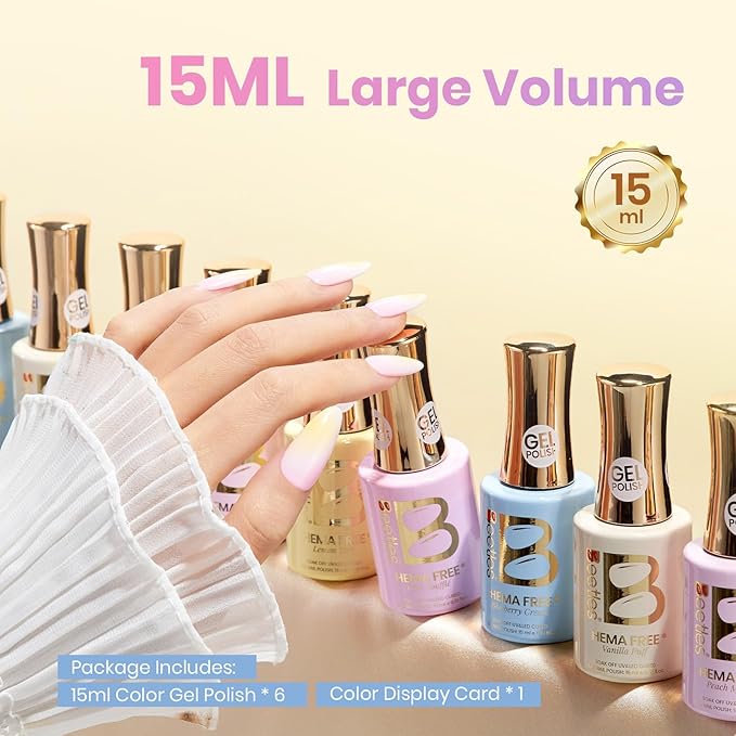 beetles Pastel Gel Polish Set- Cream Patels HEMA-Free Gel, 6 Colors 15ml Pastel Yellow Pink Blue Spring Shades, Salon-Quality Long Lasting Soak Off UV LED Nail Gel with Swatch Card