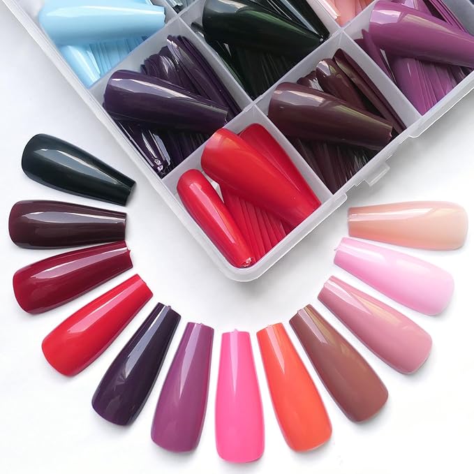LoveOurHome 576pc Coffin Press on Nails Long Colored Fake Nails Tips Full Cover Medium Ballerina Press on Nail Acrylic Artificial False Fingernails Manicure Decor