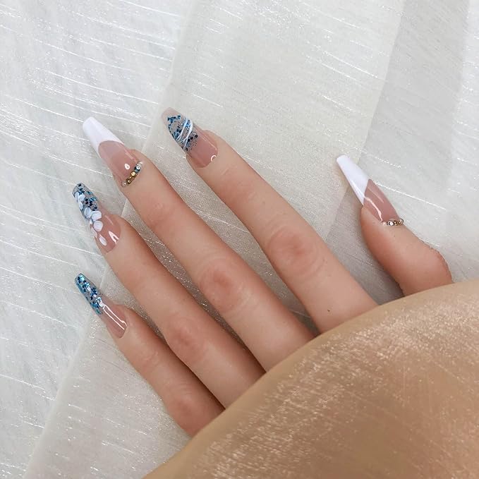 2025 100% Handmade Nails Reusable Medium Press-on Nail French Hand Painted Petals Full Coverage False Nail Set for Women (French-style Petal, Long)