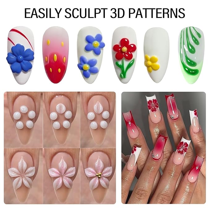 EBANKU Sculpture Painting Nail Gel Set, 6 Colors 3D Nail Carved Gel Sculpture Creative DIY Decoration Painting Glue with Silicone Pen, Cuticle Pusher and Carving Brush
