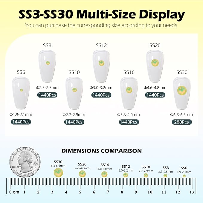 F Yellow Flatback Rhinestones, Glass Rhinestones for Nail Art and Craft, Glue Fix, Loose Crystal Gemstones(F Yellow, SS8, 1440pcs, 2.3-2.5mm)
