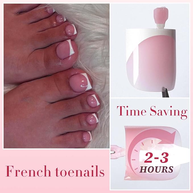 150pc White French Tips Press on Toenails Women Fake Toe Nails Kit, Pink Toe Nail Press ons Nail Short Square Fake Toenails French Toes Nail Tips Stick Acrylic Toes Nails Tip with Adhesive Tabs