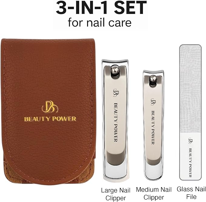 Nail Clippers Set 3 in 1 - Stainless Steel Toe Nail Clippers, Fingernail Clipper, Glass Nail File, Anti Splash, Ergonomic Grip in PU Leather Travel Case for Men & Women - Valentine's Gift