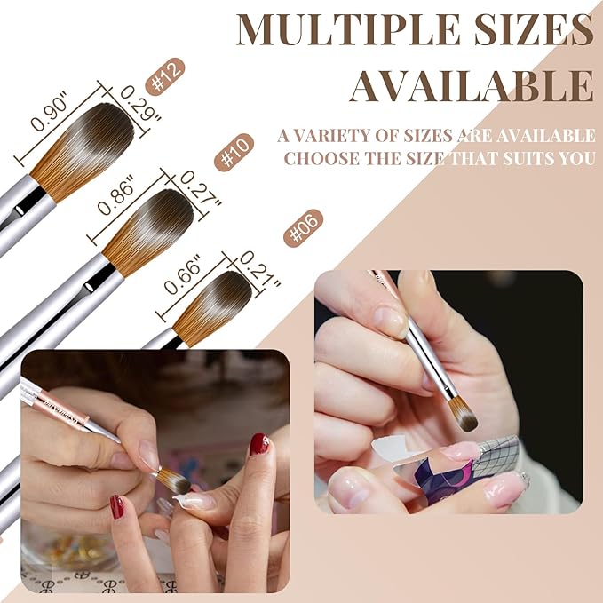 3PCS Kolinsky Hair Acrylic Nail Brush Set, Size 6/10/12, Oval Crimped Pressed Shaped, Golden Metal Handle, Professional Manicure for DIY Home Salon