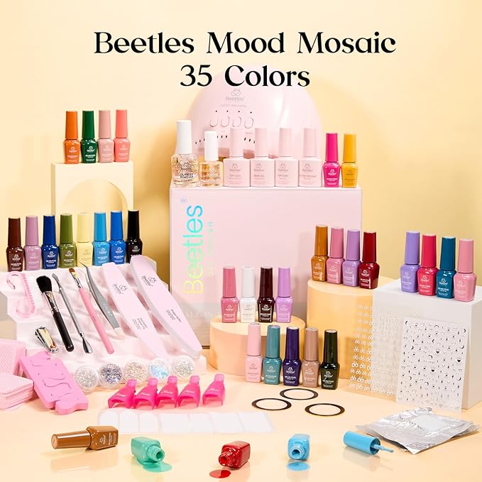 Beetles Gel Nail Polish Kit with U V Light -35 Colors Valentines Gel Polish Set 68 Pcs Gifts for Women -68 Pcs One Color One Bottle Mood Mosaic Nail Kit with Top Base Coat Beauty Must Have DIY Salon