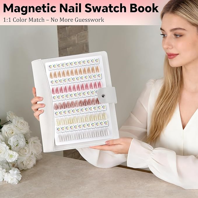 60 Magnetic Nail Swatch Book,Leather Nail Color Display Book with 72 Magnetic Tips & Number Labels,Professional Nail Salon Color Display Book for Easy Preview & Storage White