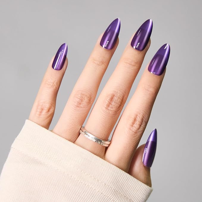 Cat Eye Press on Nails Medium, Fashion Purple Glitter Press on Nails, Soft Gel Fake Nails, Reusable & Natural Acrylic False Nails, Stick on Nails for Women Gift, Glue on Nails Kit 30 Pcs