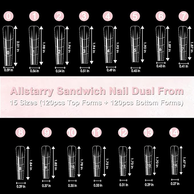 Allstarry Sandwich Dual Nail Forms, Reusable Sandwich Dual Forms 240pcs 15 Sizes Long Coffin Nail Extensions Plastic Poly Gel Nails Forms for Builder Gel No Paper Forms Needed Moldes Dual Nails Molds