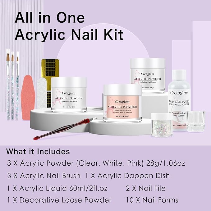Acrylic Nail Kit for Beginners: 3 Colors 28g Nude Clear White Acrylic Nail Powder Professional Gel Glue - 1Oz Large Capacity Acrylic False Set witn 60ml Liquid and Brush Nail Forms Tools