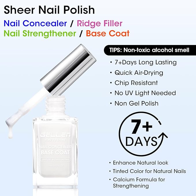 GELLEN 4-In-1 Illuminating Nail Concealer Base Coat Nail Polish Sheer Milky White | Quick Air Dry Calcium-Formula Regular Nail Polish Smooth Strengthen Natural Nails, Not UV Gel | Toxin TPO HEMA Free