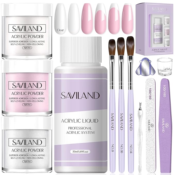 Saviland Acrylic Nail Kit for Beginners: 0.5 Oz Clear White Pink Acrylic Powder, 1.7 fl oz Acrylic Liquid, #8/10/14 Brushes, 100Pcs Nail Forms & Manicure Tools Professional Nail Kit Acrylic Set