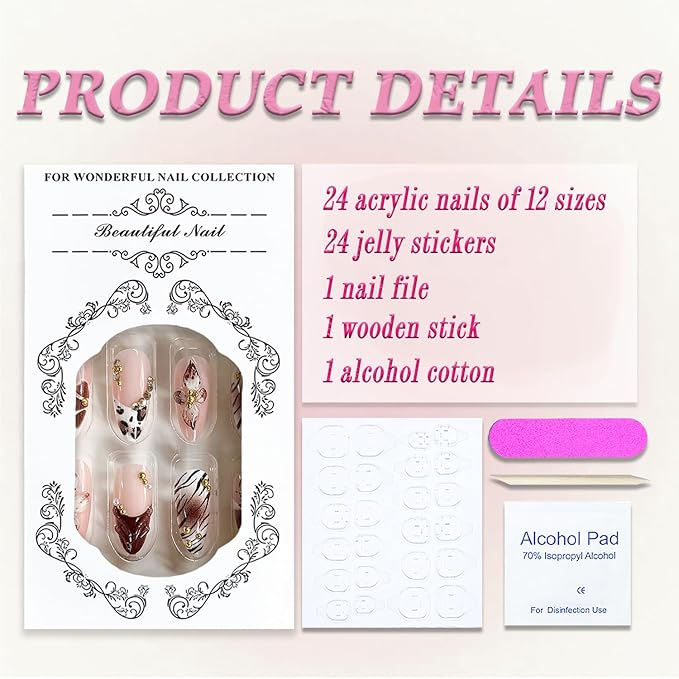 Long Press on Nails Almond MABKJLF French Tip Fake Nails 3D Fall False Nails with Leopard Print Flower Rhinestones Designs Brown Glossy Glue on Nail Autumn Acrylic Nails for Women Girls 24Pcs