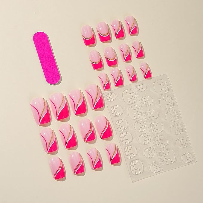 Pink Press on Nails Short Square Fake Nails French Tip False Nails with Gold Glitter Line Designs Glossy Glue on Nails Full Cover Acrylic Stick on Nail Hot Pink Artificial Nail for Women Manicure