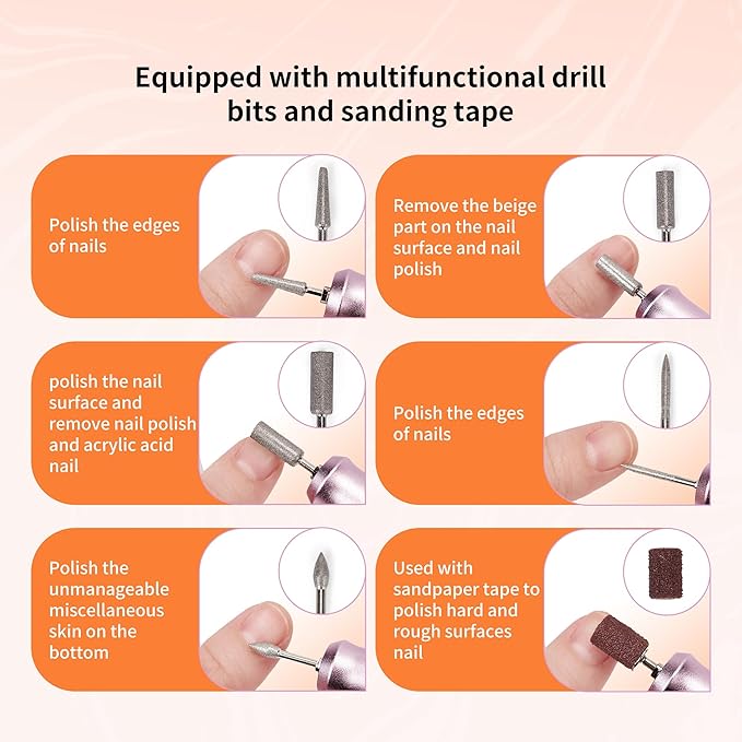 Cordless Electric Nail Drill Professional, Rechargeable Nail File Machine for Acrylic Nails & Gel Polish, Portable Manicure & Salon Nail Kit for Home Use (Pink)