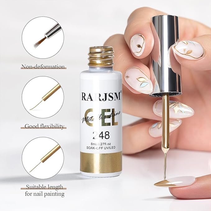 RARJSM Nail Art Gel Liner Metallic Bronze Gold and White 2pcs Set Mirror Chrome 3D Effect Gel Nail Polish 8ml Build in Thin Brush Swirl Drawing Stripper Gelpolish Curing Requires for Home Salon