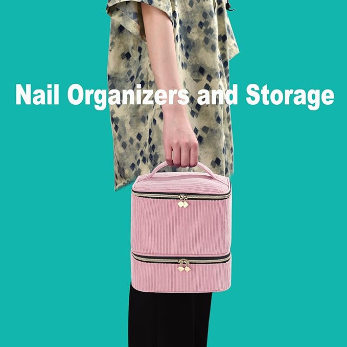 Corduroy Nail Polish Organizer and Nail Lamp Case, Nail Kit Organizer Holds 30 Bottles (15ml - 0.5 fl.oz) and a Nail Lamp, Nail Polish Carrying Case with Manicure Tools Storage Sections (Pink)