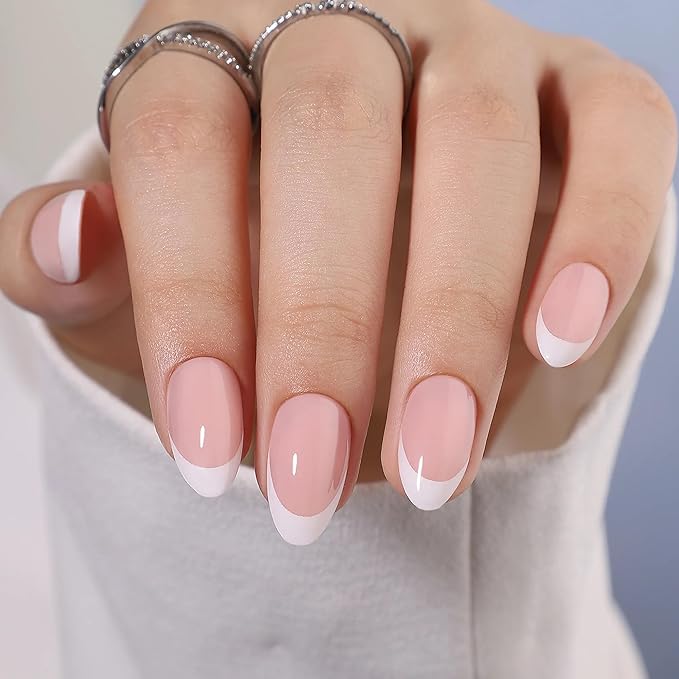 Press On Nails - Paris | White French Tip, Short Almond Nails, Fake Nails Salon Quality | 32 Nails, 16 Sizes Kit with Glue and Adhesive Tabs