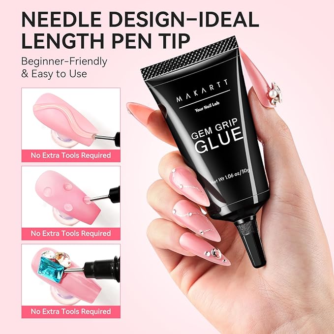Makartt Rhinestone Glue for Nails - 60G No Wipe Super Strong Nail Gem Glue Bling Gel for 3D Decorations Nail Art Gems Jewelry Diamond for Nails Techs Supplies Beginners Nail Lamp Required