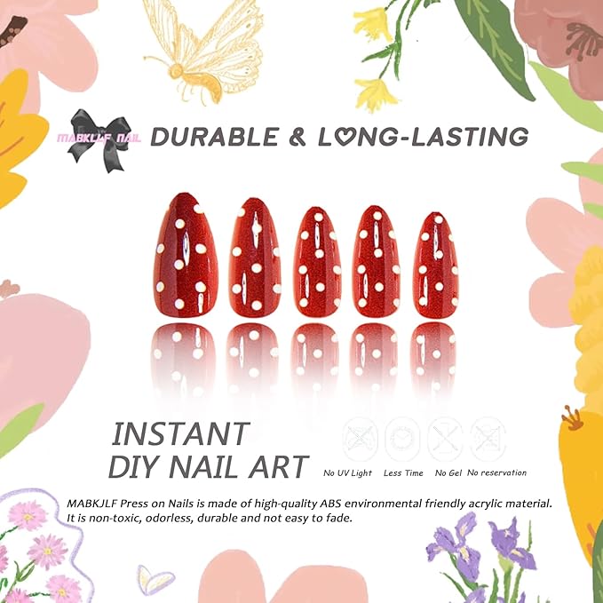 Press on Nails Medium Almond MABKJLF Fake Nails Red False Nails with White Polka Dots Designs Full Cover Glossy Glue on Nail Acrylic Nails for Women Girls 24Pcs