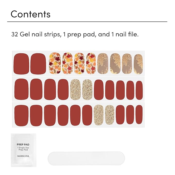 Dashing Diva Gloss Nail Strips - Fallen Leaves - UV Free, Chip Resistant, Long Lasting Gel Nail Stickers - 3-Piece Manicure Set - Contains 32 Wraps, 1 Prep Pad, 1 File