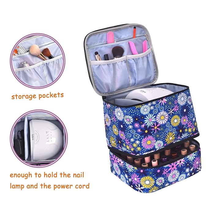 Upgraded Nail Polish Organizer Case - Holds 30 Bottles and 1 Nail Light, Double-layer Nail Bag Organizer Case Nail Polish Storage Bag with Handles (Style B-Flower)