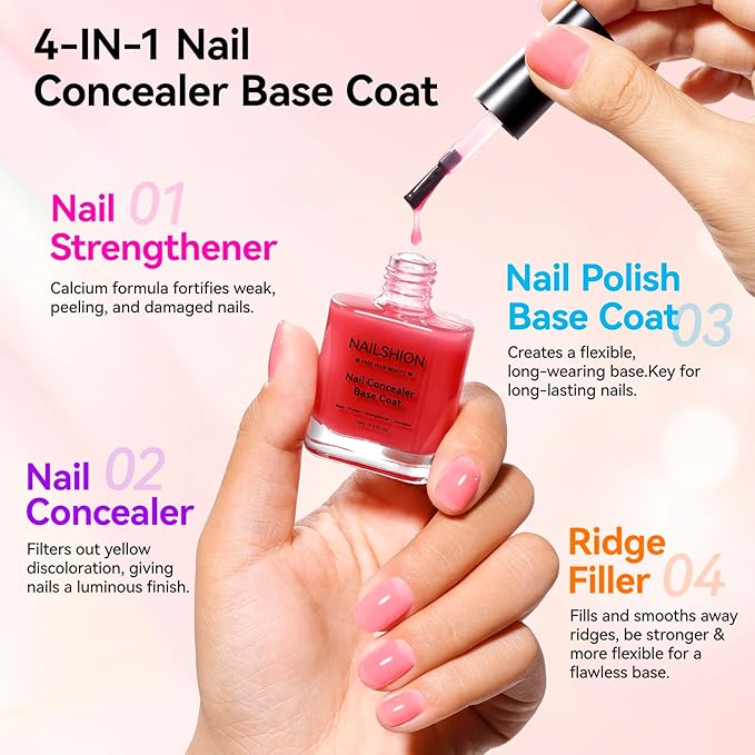 Illuminating Nail Concealer Sheer Pink Ridge Filler Base Coat 4-in-1 Brightening Nail Polish Foundation Perfector & Growth Nail Strengthener for Damaged, Yellowing Nails,15ml Quick Dry