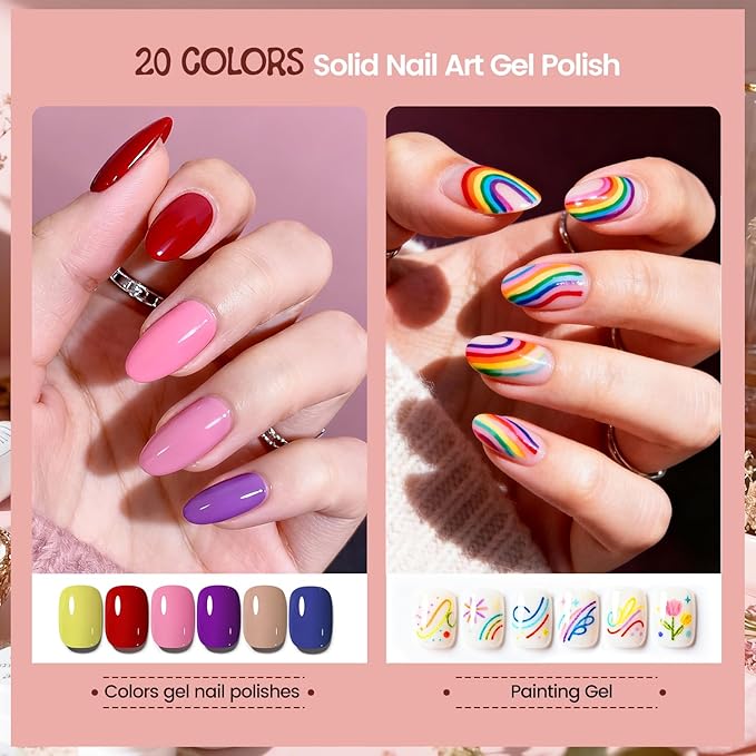 JODSONE 20 Colors Solid Paint Nail Art Painting Drawing Gel Nail Polish with Nail Brush Pen for DIY At Home