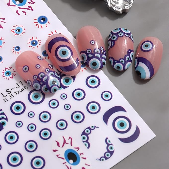 8 Sheets Halloween Nail Art Stickers Decals Evil Eye Nails Stickers Cute Ghost Pumpkin Nails Decal Self-Adhesive Blood Drop Nails Art Decals for Women Halloween Decor