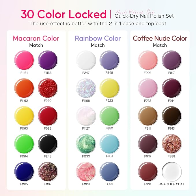 Morovan Nail Polish Set Fingernail: 2026 Nail Gift 30PC Glitter Bright Air Quick Dry Nail Polish Kit with 2-in-1 Base Top Coat Regular Pack Finger Nail Art Gift for Women Girls