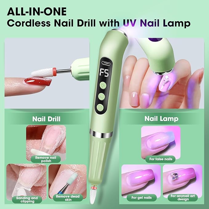 Nail Drill Cordless with Nail Lamp 2-in-1 Electric Nails Drill Kit, Wireless Electric E Filer for Nails All in One Nail File Drill Rechargeable with Small Light for Acrylic Gel Nails