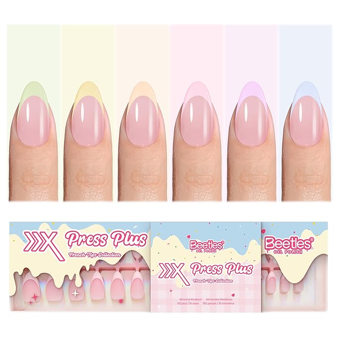 Beetles French Tips Press On Nails, Pastel Spring Nails Medium Almond 6 Colors 192 Pcs, Spring Fake Nail Tips, Pink Blue Green Soft Gel Nails False Nails Art DIY For Women