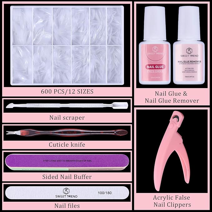 Almond Fake Nail Tips Medium: 600Pcs Full Cover Nail Tips for Acrylic Nails Professional Clear Nail Tip with Nail Glue Remover & Glue Acrylic False Nail Clippers Art Nail Extension Kit for Home Salon